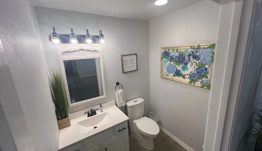 A bathroom with a sink, toilet and mirror.